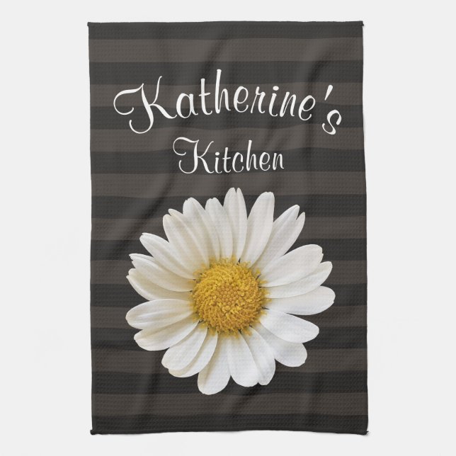 White Daisy Personalized Dark Striped Kitchen Towel (Vertical)