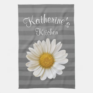 White Daisy Personalized Grey Striped Kitchen Towel
