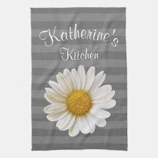 White Daisy Personalized Grey Striped Kitchen Towel