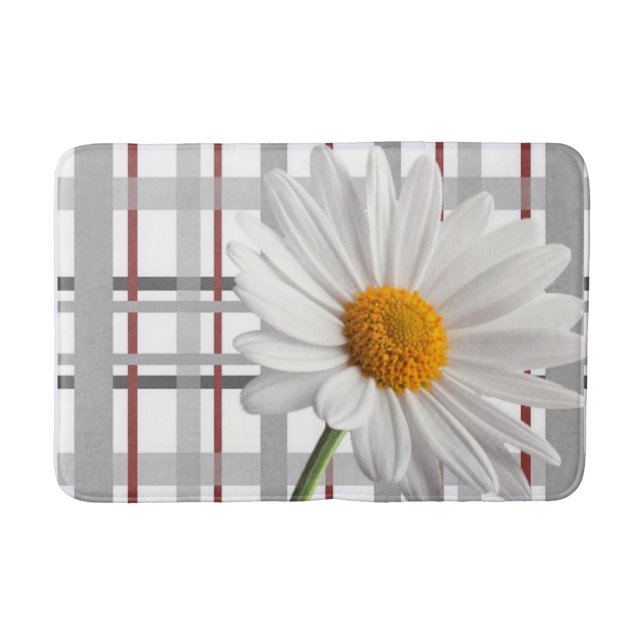 White Daisy Plaid Bathroom Bath Mat (Front)