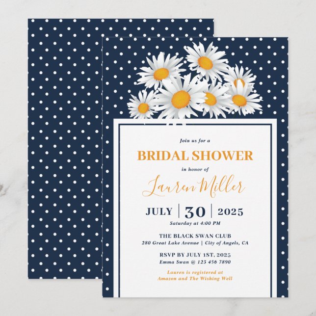 White Daisy Polkadot Pattern Floral Bridal Shower Invitation (Front/Back)