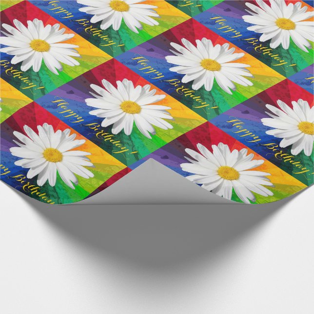 White Daisy Rainbow Happy Birthday! Wrapping Paper (Corner)