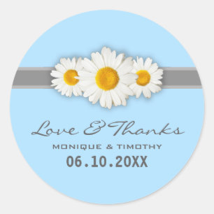 White Daisy Ribbon Blue Wedding Thank You Stickers