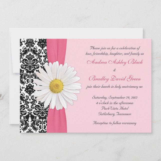 White Daisy Rose Black Mariage damassé Invitation (Devant)