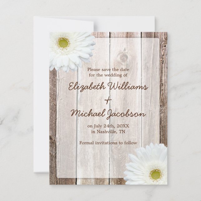 White Daisy Rustic Barn Save the Date Announcement (Front)