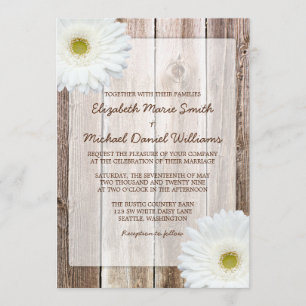 White Daisy Rustic Barn Wood Wedding Invitations