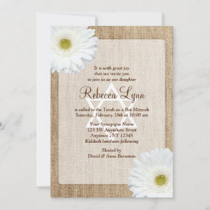 White Daisy Rustic Burlap Western Bat Mitzvah Invitation