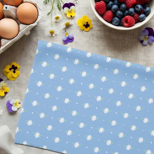 White Daisy Simple Floral Spring Pattern Blue Kitchen Towel (Creator Uploaded)