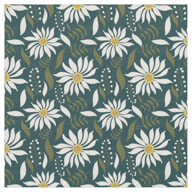 White Daisy Teal Floral Pattern Fabric (Close Up)