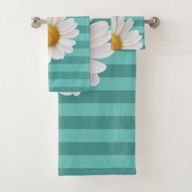 White Daisy Teal Striped Personalized Bath Towel Set (Insitu)