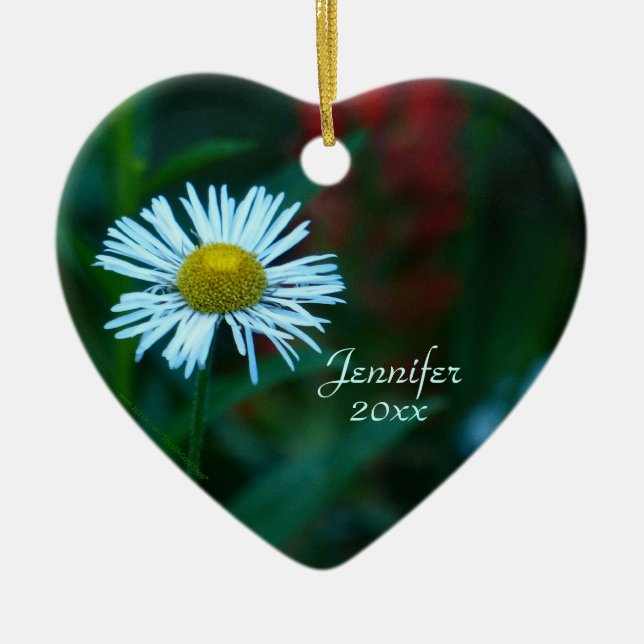 White Daisy Wildflower Christmas Ornament, Heart Ceramic Ornament (Front)