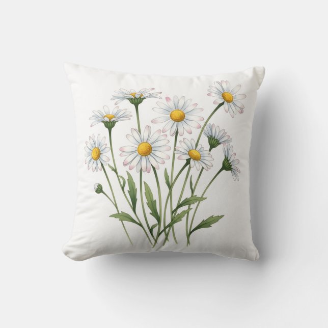 White Daisy Wildflower Watercolor Floral Throw Pillow (Front)