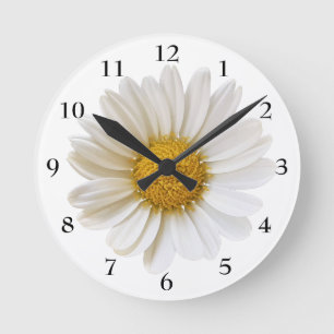 White Daisy with Black Numbers Round Clock