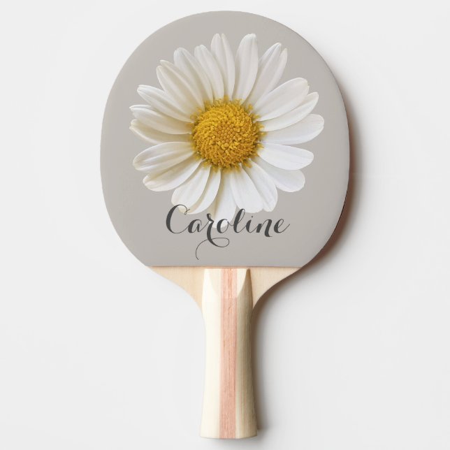 White Daisy with Custom Name Grey Ping Pong Paddle (Front)