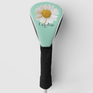 White Daisy with Custom Name Light Teal Golf Head Cover