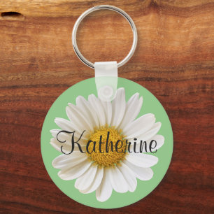 White Daisy with Custom Name Sage Green Keychain