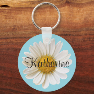 White Daisy with Custom Name Sky Blue Keychain
