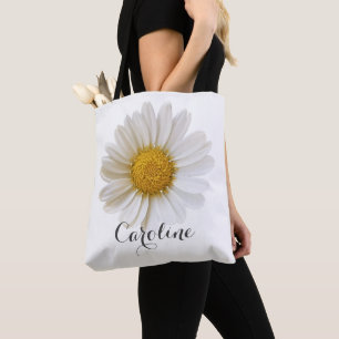White Daisy with Custom Name Tote Bag