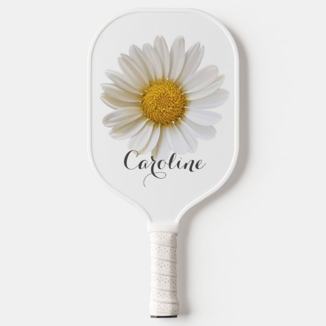 White Daisy with Custom Name White Pickleball Paddle (Front)