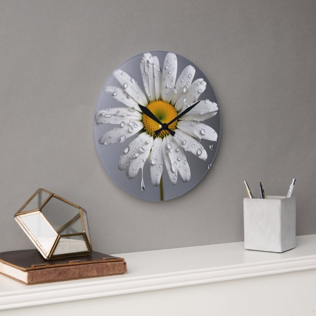 White Daisy With Raindrops Large Clock (Office)
