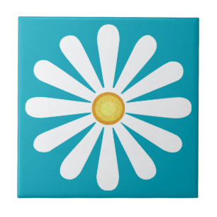 White daisy, yellow centre, on bluecyan tile