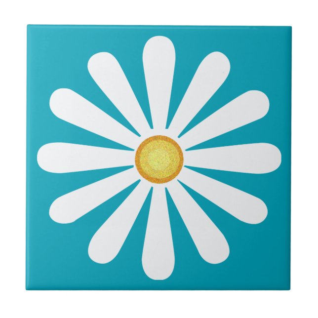 White daisy, yellow centre, on bluecyan tile (Front)
