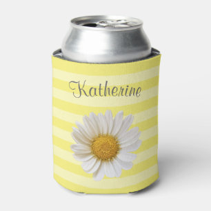 White Daisy Yellow Striped Personalized Can Cooler