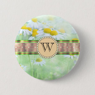 White Daisy's in Green Meadow Monogram 2 Inch Round Button