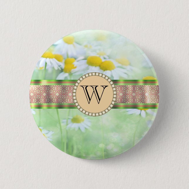 White Daisy's in Green Meadow Monogram 2 Inch Round Button (Front)