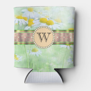 White Daisy's in Green Meadow Monogram Can Cooler
