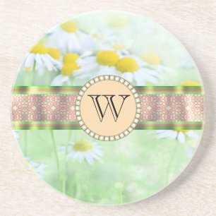 White Daisy's in Green Meadow Monogram Coaster