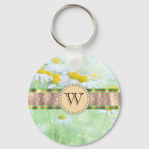 White Daisy's in Green Meadow Monogram Keychain