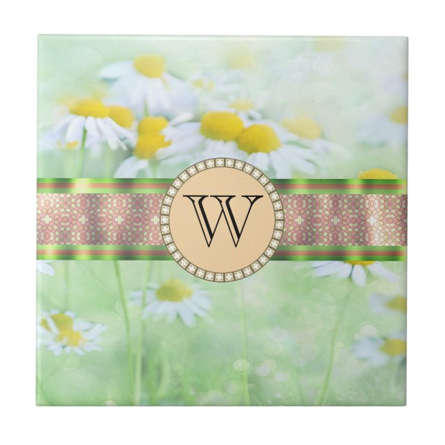 White Daisy's in Green Meadow Monogram Tile (Front)