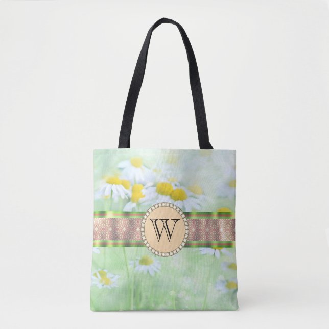 White Daisy's in Green Meadow Monogram Tote Bag (Front)