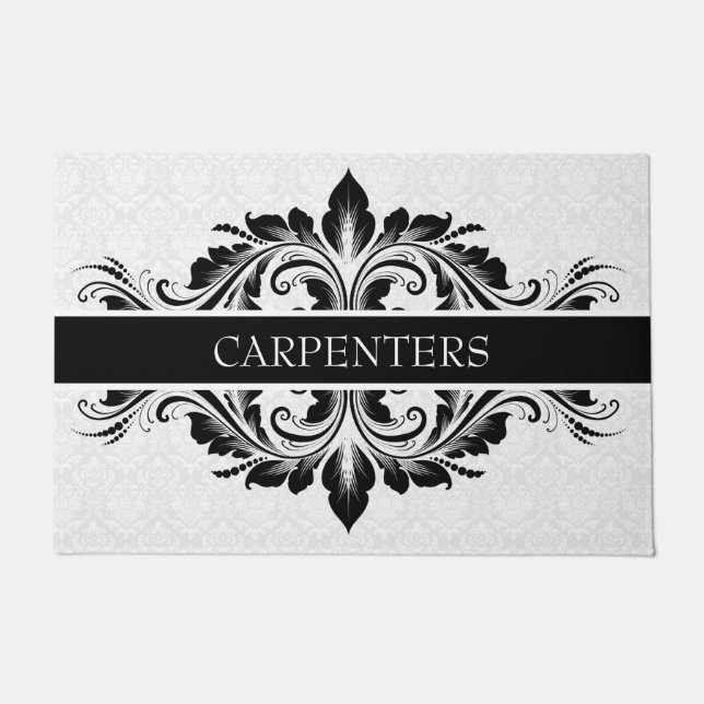 White Damask And Black Floral Lace Doormat (Front)