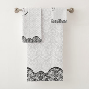 White Damask And Black Lace Bath Towel Set