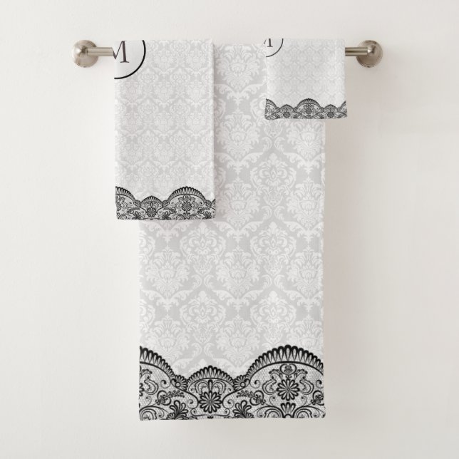 White Damask And Black Lace Bath Towel Set (Insitu)