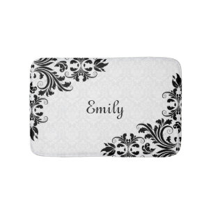 White Damask And Black Swirls Bath Mat