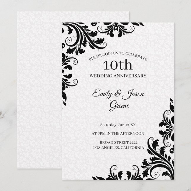 White Damask And Black Swirls Invitation (Front/Back)