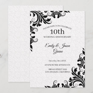 White Damask And Black Swirls Invitation