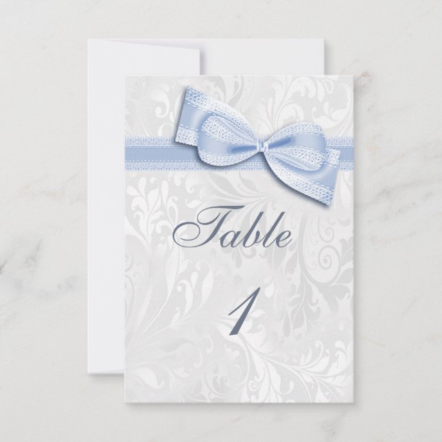 White Damask and Blue Faux Bow Invitation (Front)