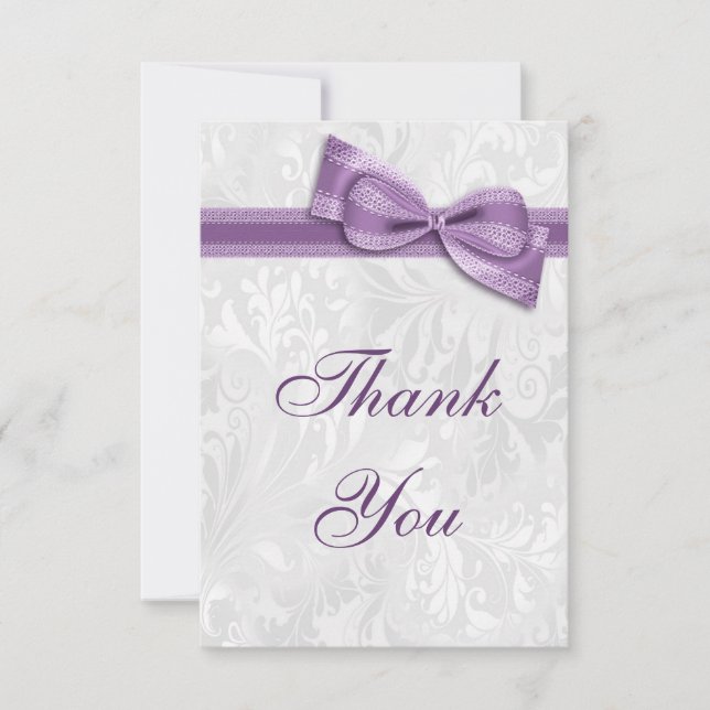 White Damask and Faux Bow Thank You Card (Front)