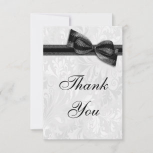 White Damask and Faux Bow Thank You Card