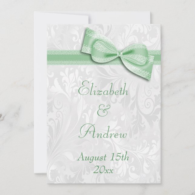 White Damask and Faux Bow Wedding Invitation (Front)