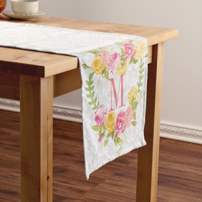 White Damask And Floral Wreath Short Table Runner (In Situ)