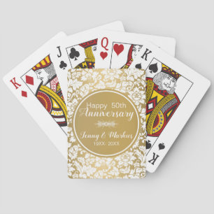White Damask And Gold Circle- Anniversary Playing Cards