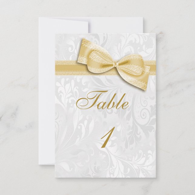 White Damask and  Gold Faux Bow Invitation (Front)