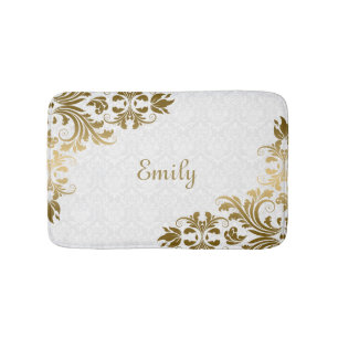 White Damask And Gold Swirls Bath Mat