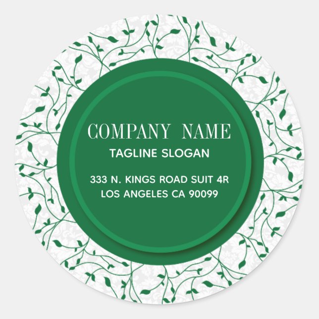 White Damask And Green Circle Classic Round Sticker (Front)