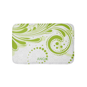 White Damask And Green Swirls Bath Mat